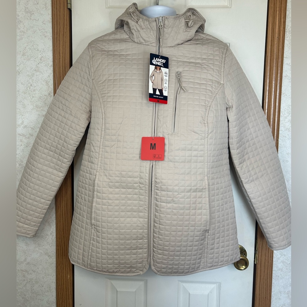 Lands’ End Hooded Quilted Jacket Womens Medium Cream Zip Coat NWT